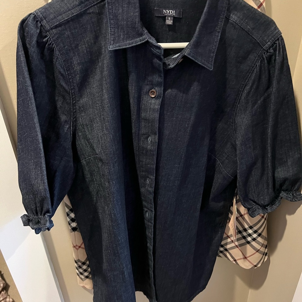 NYDJ denim blouse with puff sleeves NYT